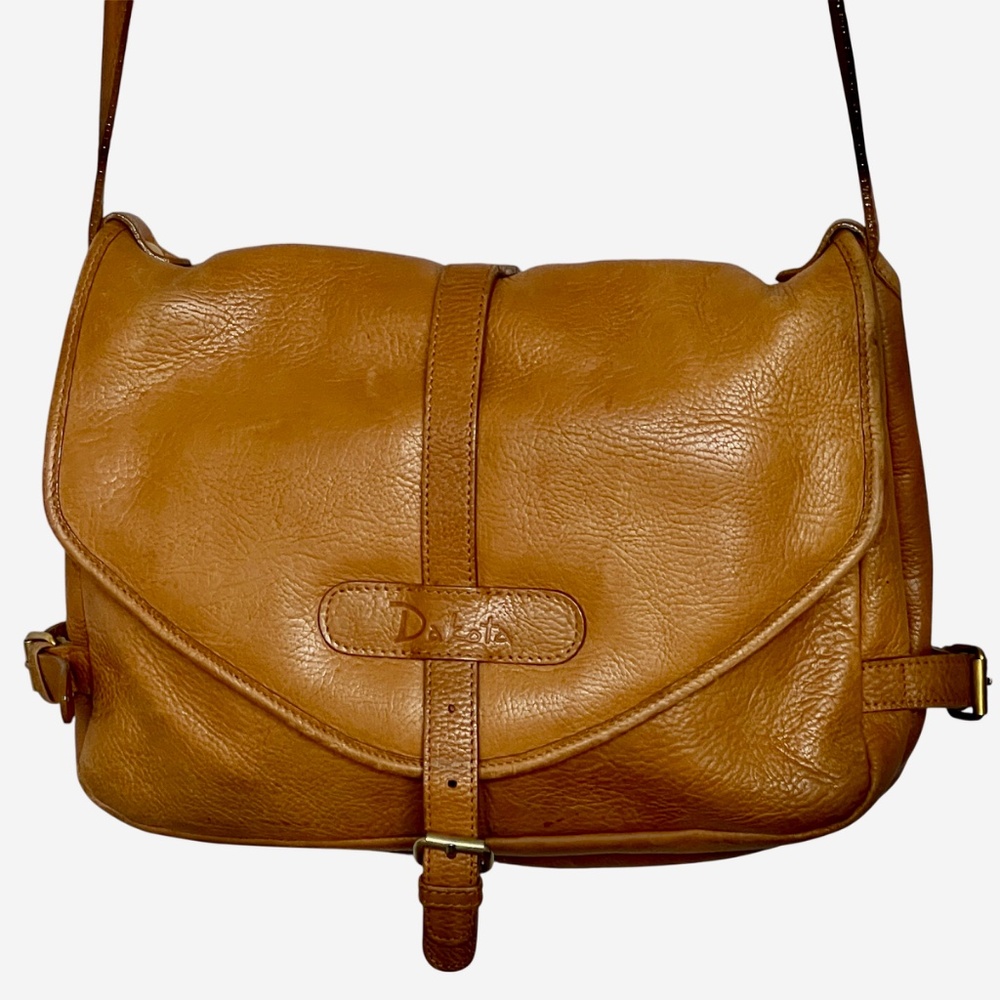 Dakota Leather Saddle Bag Double Sided Cossbody Tan Brown Side Adjustment